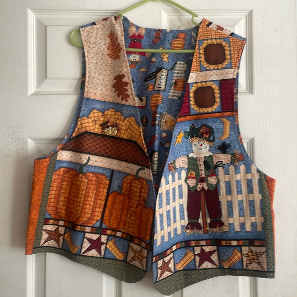 Fall vest. With pumpkins and scarecrows... handmade one size